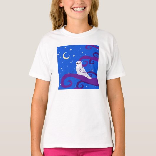 Snowy Owl Crescent Moon Night Forest Art T-shirt (Voorkant)