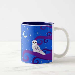 Snowy Owl Crescent Moon Night Forest Art Tweekleurige Koffiemok