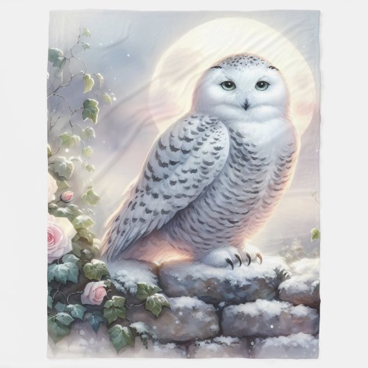 Snowy Owl in Moonlit Winter Garden Fleece Deken (Voorkant)