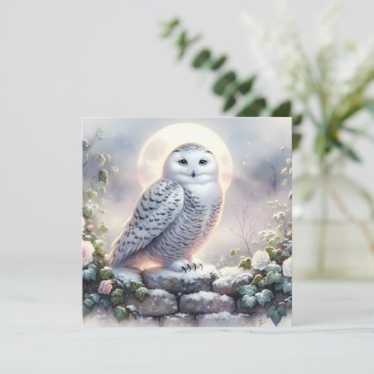 Snowy Owl in Moonlit Winter Garden Kaart (Staand voorkant)