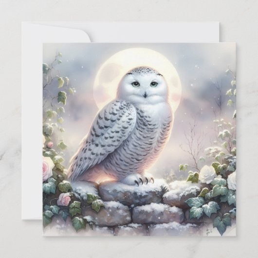 Snowy Owl in Moonlit Winter Garden Kaart (Voorkant)