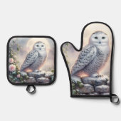 Snowy Owl in Moonlit Winter Garden Ovenwant & Pannenlap Set (Voorkant)