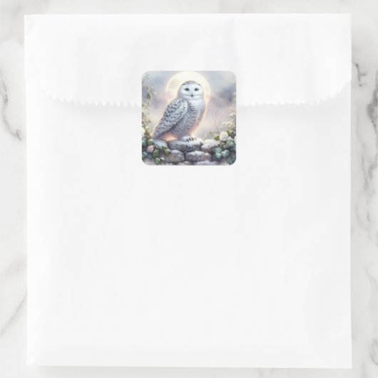 Snowy Owl in Moonlit Winter Garden Vierkante Sticker (Tas)