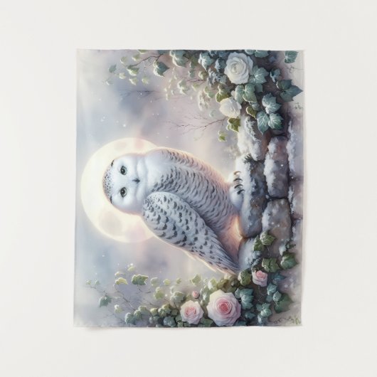 Snowy Owl in Moonlit Winter Garden Wandkleed (Voorkant)