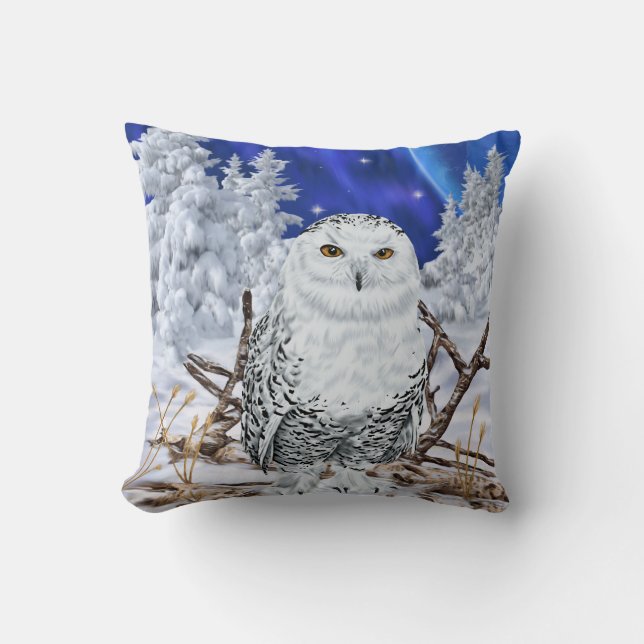 Snowy Owl in Snow Dark Blue Sky Kussen (Voorkant)