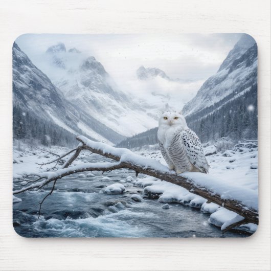 Snowy Owl On a Winter Tree Branch Muismat (Voorkant)