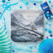 Snowy Owl On a Winter Tree Branch Papieren Bordje (Feest)