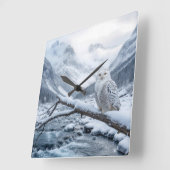 Snowy Owl On a Winter Tree Branch Vierkante Klok (Hoek)