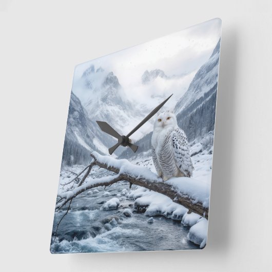 Snowy Owl On a Winter Tree Branch Vierkante Klok (Hoek)