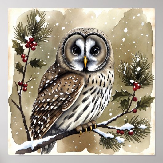 Snowy Owl on Holly Branch Watercolor Christmas Poster (Voorkant)