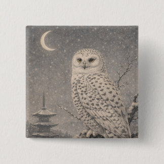 Snowy Owl Pin Badge, Japanese Moon Pagoda Wildlife Vierkante Button 5,1 Cm