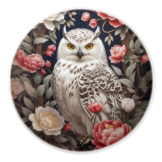 Snowy Owl Pink Peony Flowers Keramische Knop (Voorkant)