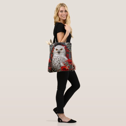 Snowy Owl Red Poppy Flowers Tote Bag (Op model)
