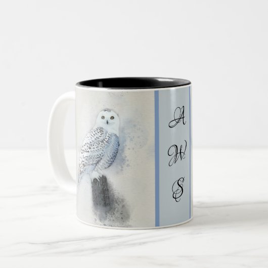 Snowy Owl Waterverf met Monogram Tweekleurige Koffiemok (Voorkant links)