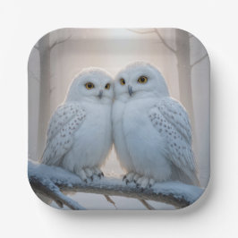 Snowy Owls On a Winter Branch Papieren Bordje