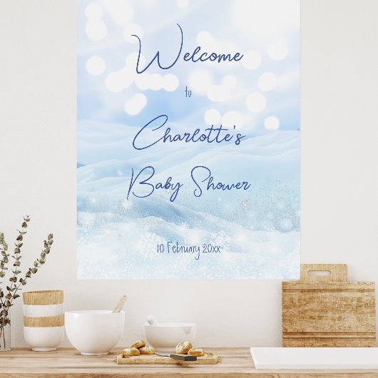 Snowy pastel blue bokeh baby shower welkom poster (Keuken)