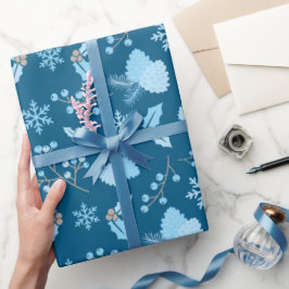 Snowy Pastel Blue Snowflakes Pinecones Mistletoe Cadeaupapier