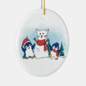 Snowy Penguins building a Christmas Snow Cat Keramisch Ornament (Rechts)