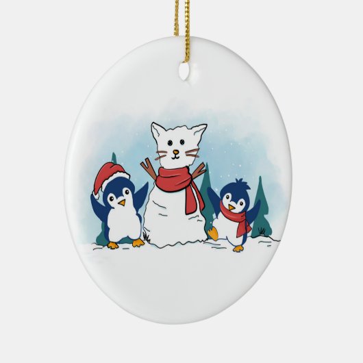 Snowy Penguins building a Christmas Snow Cat Keramisch Ornament (Rechts)