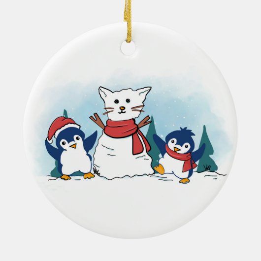 Snowy Penguins building a Christmas Snow Cat Keramisch Ornament (Achterkant)
