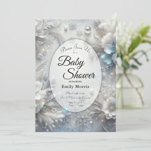 Snowy Petals in Frozen Bloom Baby shower Kaart (Staand voorkant)
