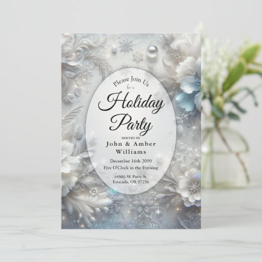 Snowy Petals in Frozen Bloom Holiday Party Kaart (Staand voorkant)