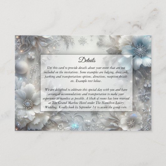 Snowy Petals in Frozen Bloom Wedding Informatiekaartje (Voorkant)