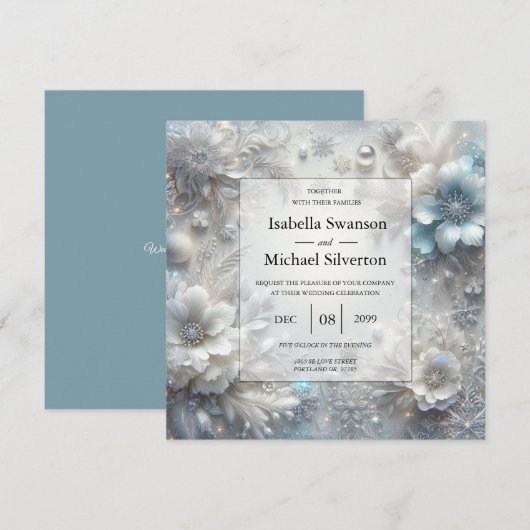 Snowy Petals in Frozen Bloom Wedding Kaart (Voorkant / Achterkant)