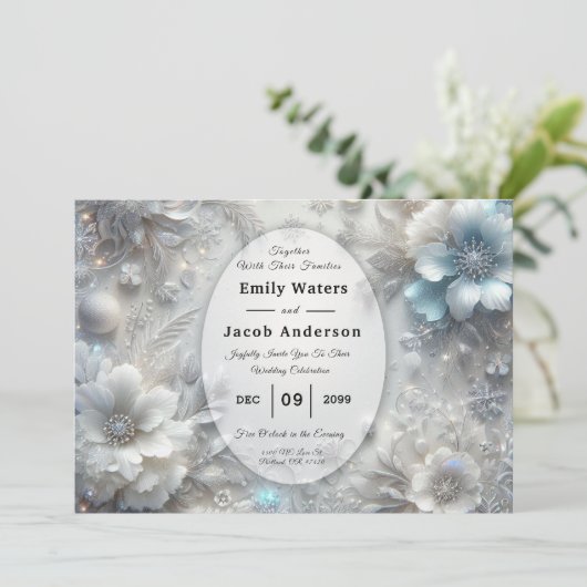 Snowy Petals in Frozen Bloom Wedding Kaart (Staand voorkant)