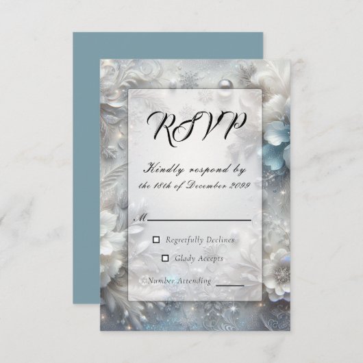 Snowy Petals in Frozen Bloom Wedding RSVP Kaartje (Voorkant / Achterkant)