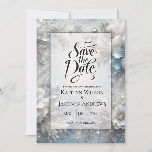 Snowy Petals in Frozen Bloom Wedding Save The Date (Voorkant)