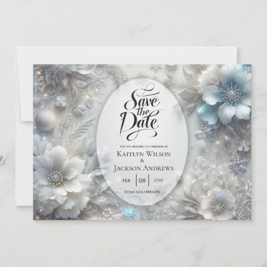 Snowy Petals in Frozen Bloom Wedding Save The Date (Voorkant)