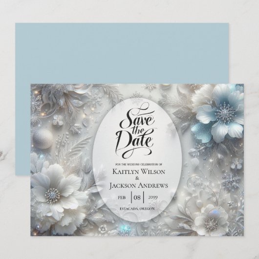 Snowy Petals in Frozen Bloom Wedding Save The Date (Voorkant / Achterkant)