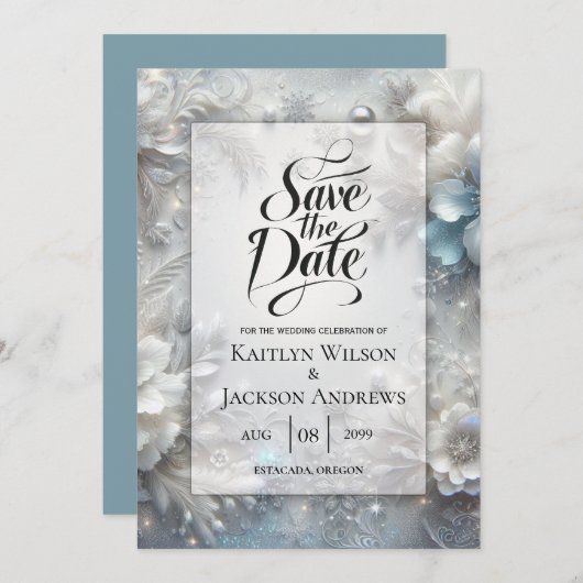 Snowy Petals in Frozen Bloom Wedding Save The Date (Voorkant / Achterkant)