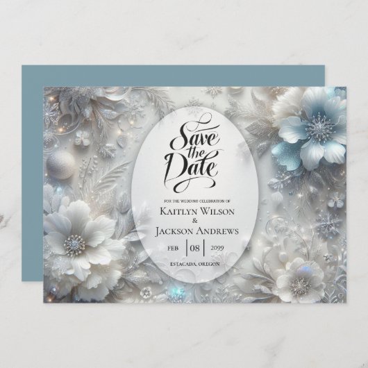 Snowy Petals in Frozen Bloom Wedding Save The Date (Voorkant / Achterkant)