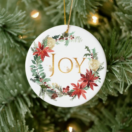 Snowy Pine and Spruce Christmas "Joy" Foto Keramisch Ornament (Boom)