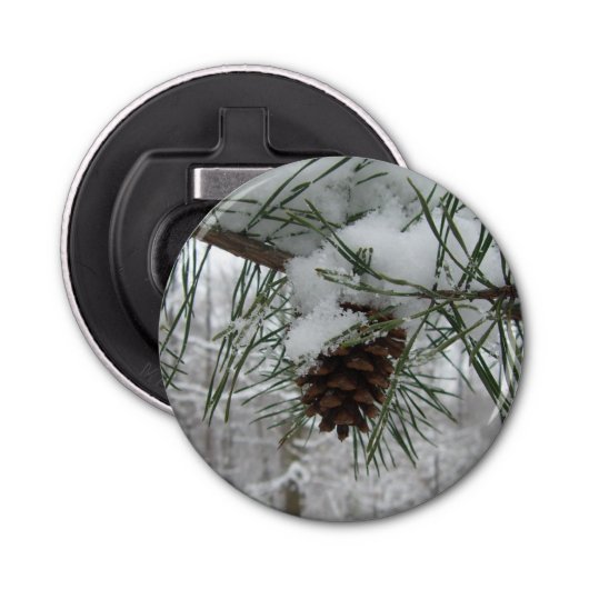 Snowy Pine Branch Winter Natuur Button Flesopener (Voorkant)