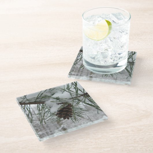 Snowy Pine Branch Winter Natuur Glazen Onderzetter (Schuin)