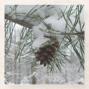 Snowy Pine Branch Winter Natuur Glazen Onderzetter