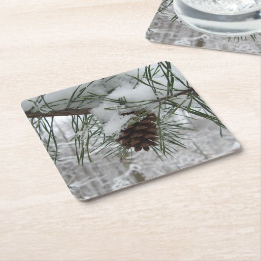Snowy Pine Branch Winter Natuur Kartonnen Onderzetters (Schuin)