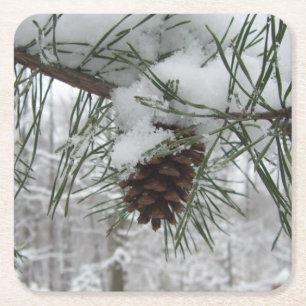 Snowy Pine Branch Winter Natuur Kartonnen Onderzetters