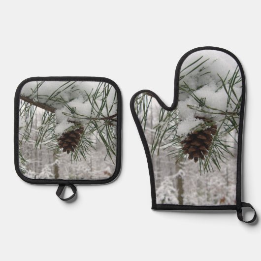 Snowy Pine Branch Winter Natuur Ovenwant & Pannenlap Set (Voorkant)