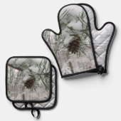 Snowy Pine Branch Winter Natuur Ovenwant & Pannenlap Set (Voorkant / Achterkant)