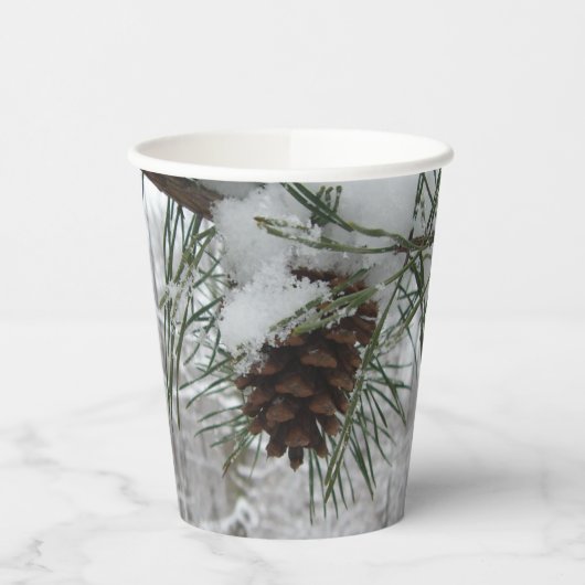 Snowy Pine Branch Winter Natuur Papieren Bekers (Links)