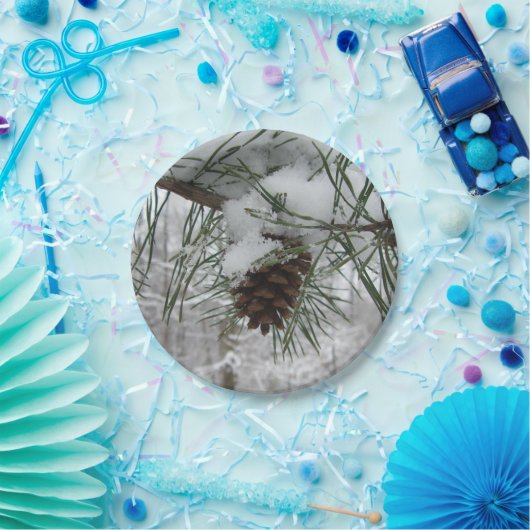 Snowy Pine Branch Winter Natuur Papieren Bordje (Feest)