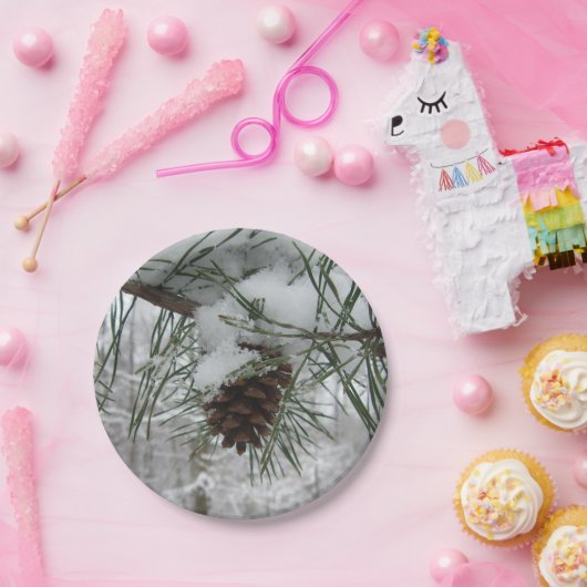 Snowy Pine Branch Winter Natuur Papieren Bordje (Feest)