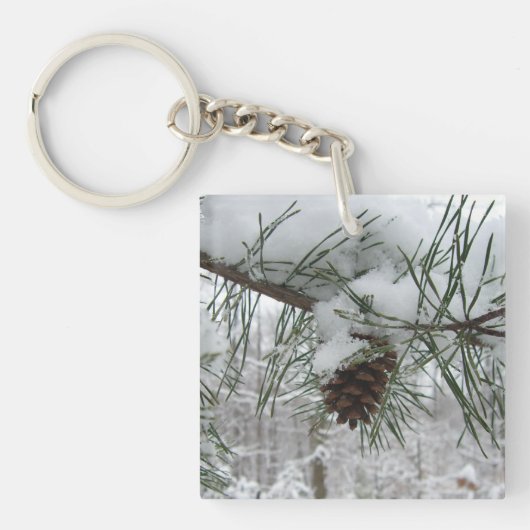Snowy Pine Branch Winter Natuur Sleutelhanger (voorkant)