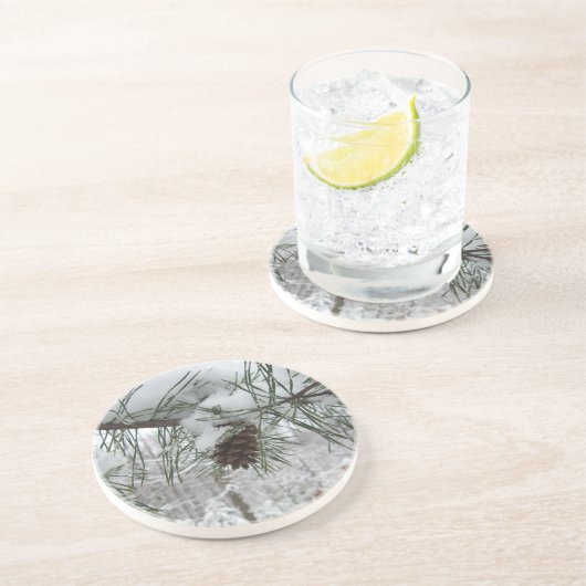 Snowy Pine Branch Winter Natuur Zandsteen Onderzetter (Zijkant)