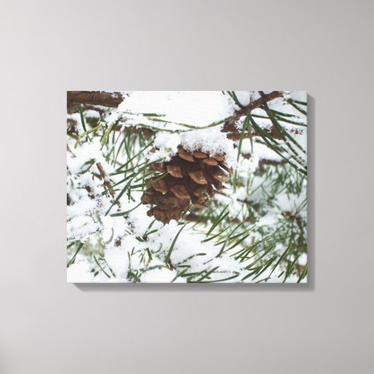 Snowy Pine Cone I Winter Natuur Foto Canvas Afdruk (Voorkant)