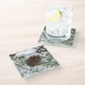 Snowy Pine Cone I Winter Natuur Foto Glazen Onderzetter (Schuin)